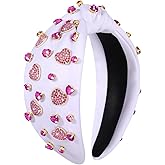 Heart Crystal Knotted Headband Jeweled Pink Red Hearts Top Knot Headband Valentines Holiday Hair Accessories Gifts (Pink Bead Heart)