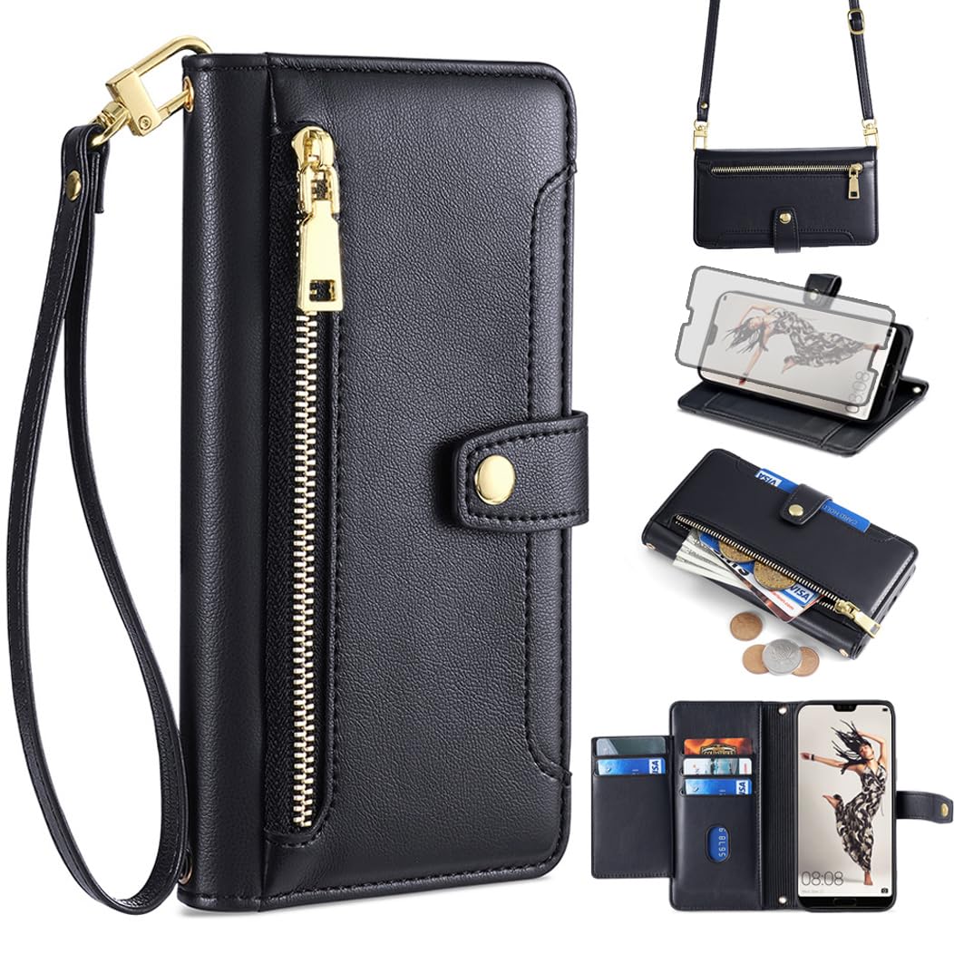 Asuwish Phone Case for Huawei P20 Pro Wallet Cover and Tempered Glass Screen Protector Zipper Card Holder Slot Kickstand Flip Folio Cell Accessories Protective Hawaii P 20Pro 20 P20pro Women Men Black