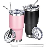 FristChoice 30 oz Tumbler with Lids and Straws Double Wall Vacuum Insulated Tumbler,Stainless Steel Leak-proof Tumbler Cup Powder Coated Travel Coffee Mug for Cold and Hot Drinks,Black Pink,2 pack