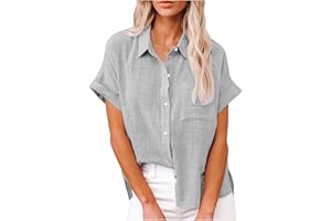 FLOLEO Summer Linen Shirts for Women Solid Color Button up Shirt 3/4 Sleeve Short Sleeve Cotton Linen Shirts Trendy Loose Top