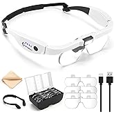GUOUBUO Magnifying Glass with Light, 1.5X-5.0X Magnifying Glasses 4 Lenses | Detachable,Light Weight Acrylic Lens, Rechargeable, Adjustable Magnifier Headset, Magnify Glasses for Close Work Crafts Hobby
