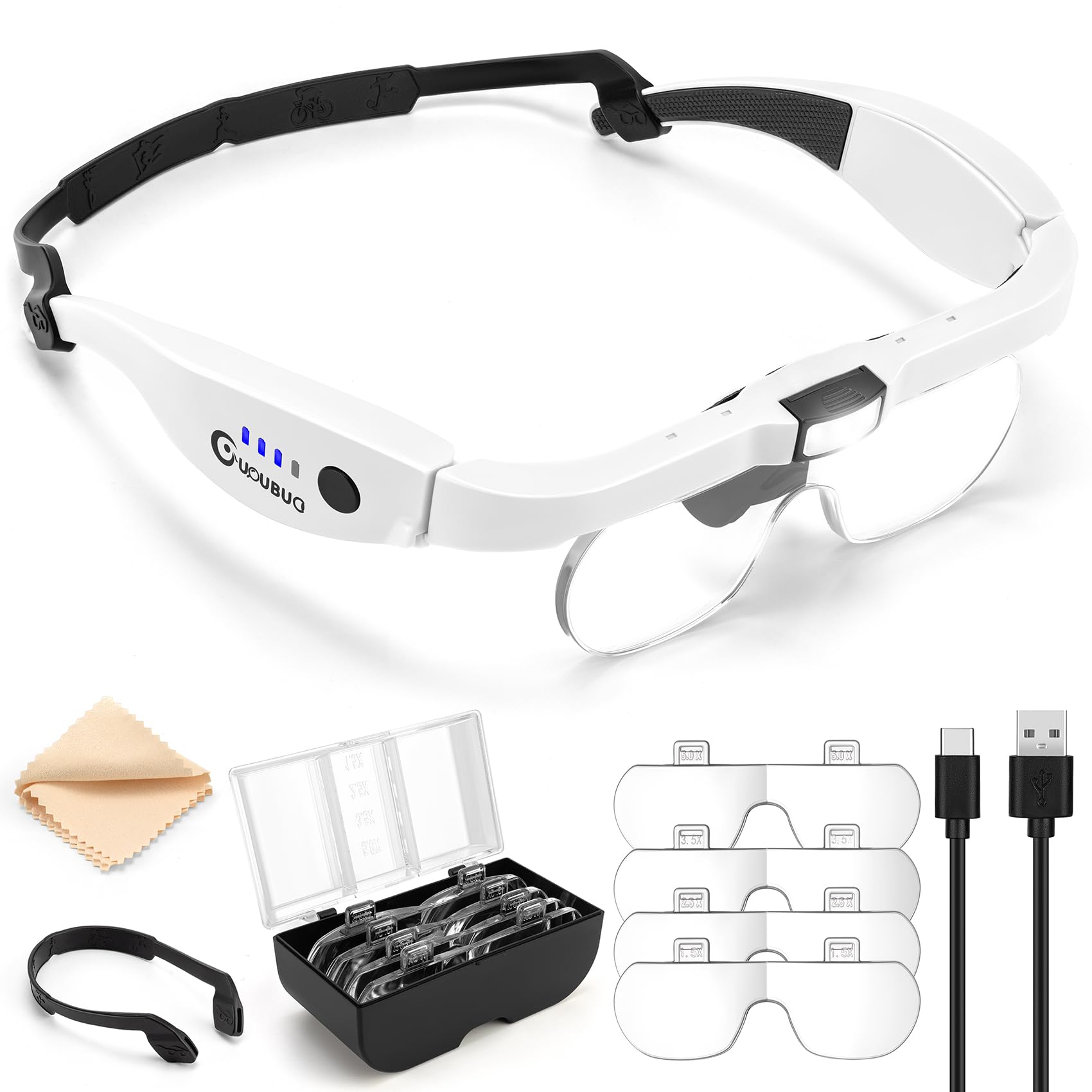 Photo 1 of *DAMAGED** GUOUBUO Magnifying Glass with Light, 1.5X-5.0X Magnifying Glasses, Rechargeable Magnifier Headset with Light, Head Magnifier with 4 Detachable Lenses, Magnify Glasses for Close Work Crafts Jewelry