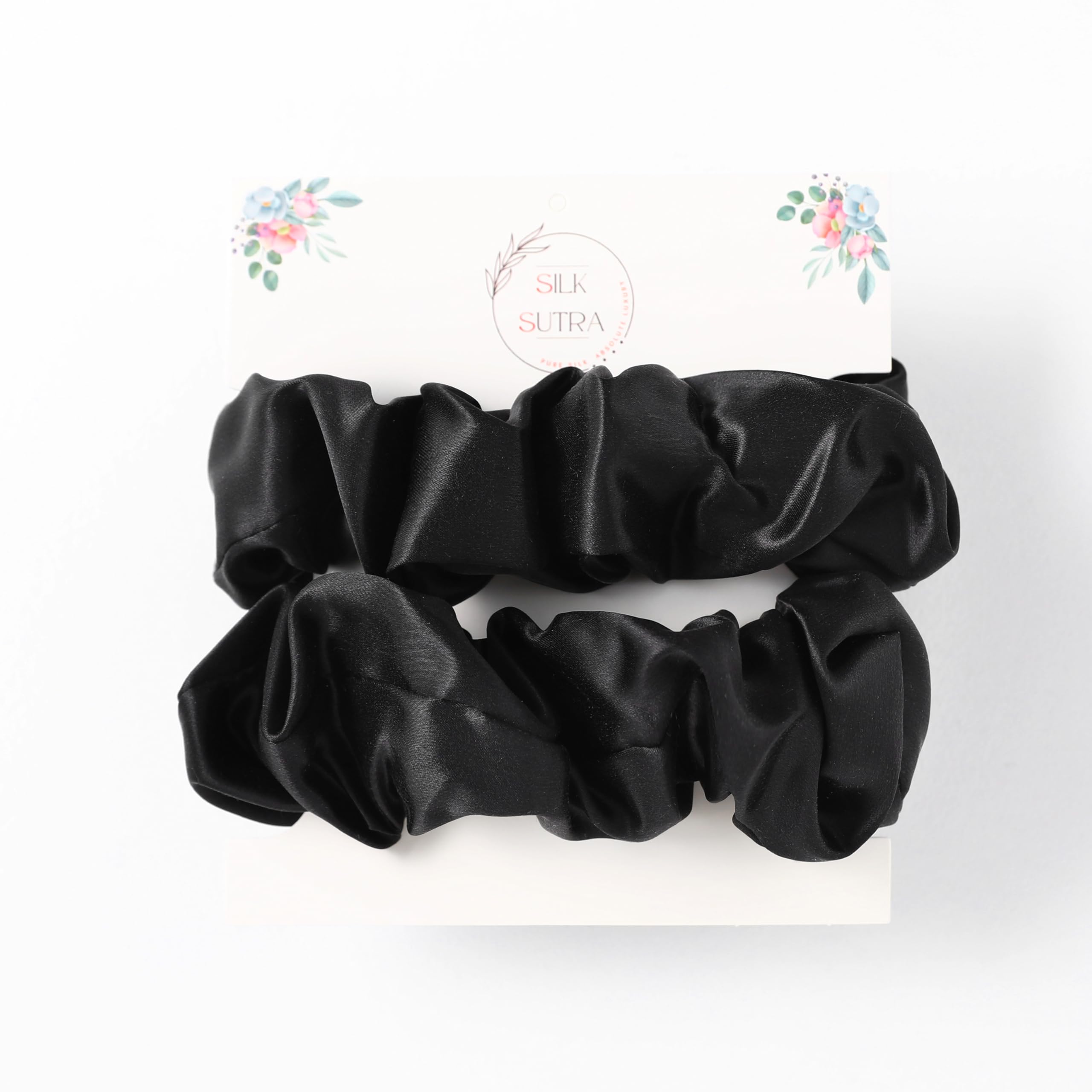 Silk Sutra Hair Scrunchies for Frizz Prevention, 22 Momme 100% Mulberry Silk Hair Ties for Breakage Prevention, Elastic ponytail Holders (Black (Large 2pcs))