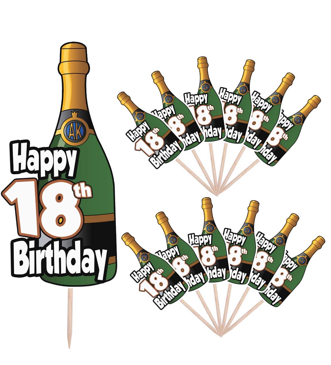 AK Giftshop Celebration 18th Birthday Champagne Bottle Party Food Cake Cupcakes Picks Sticks Decorations Toppers Stand Up Food Flags