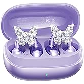 Kinglucky Gen2 Clip-On Earbuds with Butterfly Earrings, Charge & Store Without Removing Earrings, Comfortable Fit & 50H Playtime Bluetooth Open Ear Headphones for Women, Small Ears, Gifts (Purple)