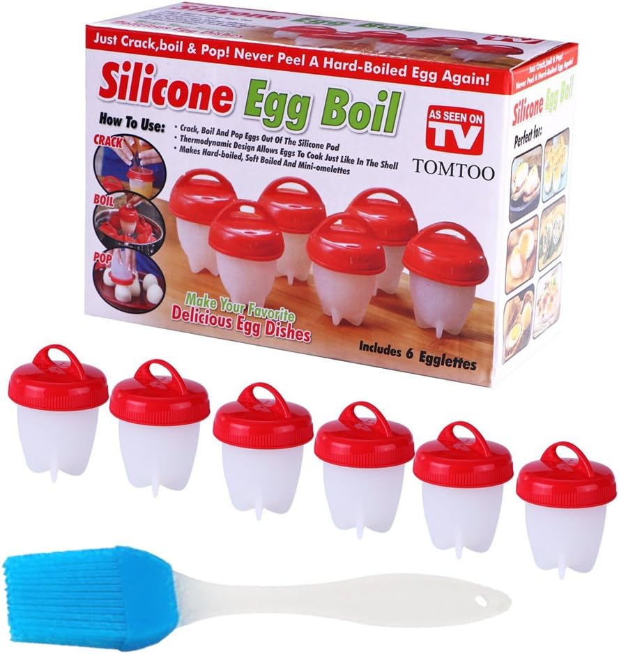 6 Pack Egg Cooker Hard Boiled Egg Maker AS SEEN ON TV BPA Free Non Stick Hard & Soft Make Without Shell Eggs Food Safe Silicone Poacher Egg Cups Steamer with brush Red And White