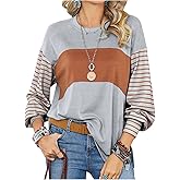 WDIRARA Women's Striped Color Block T Shirts Lantern Long Sleeve Crew Neck Tee Tops