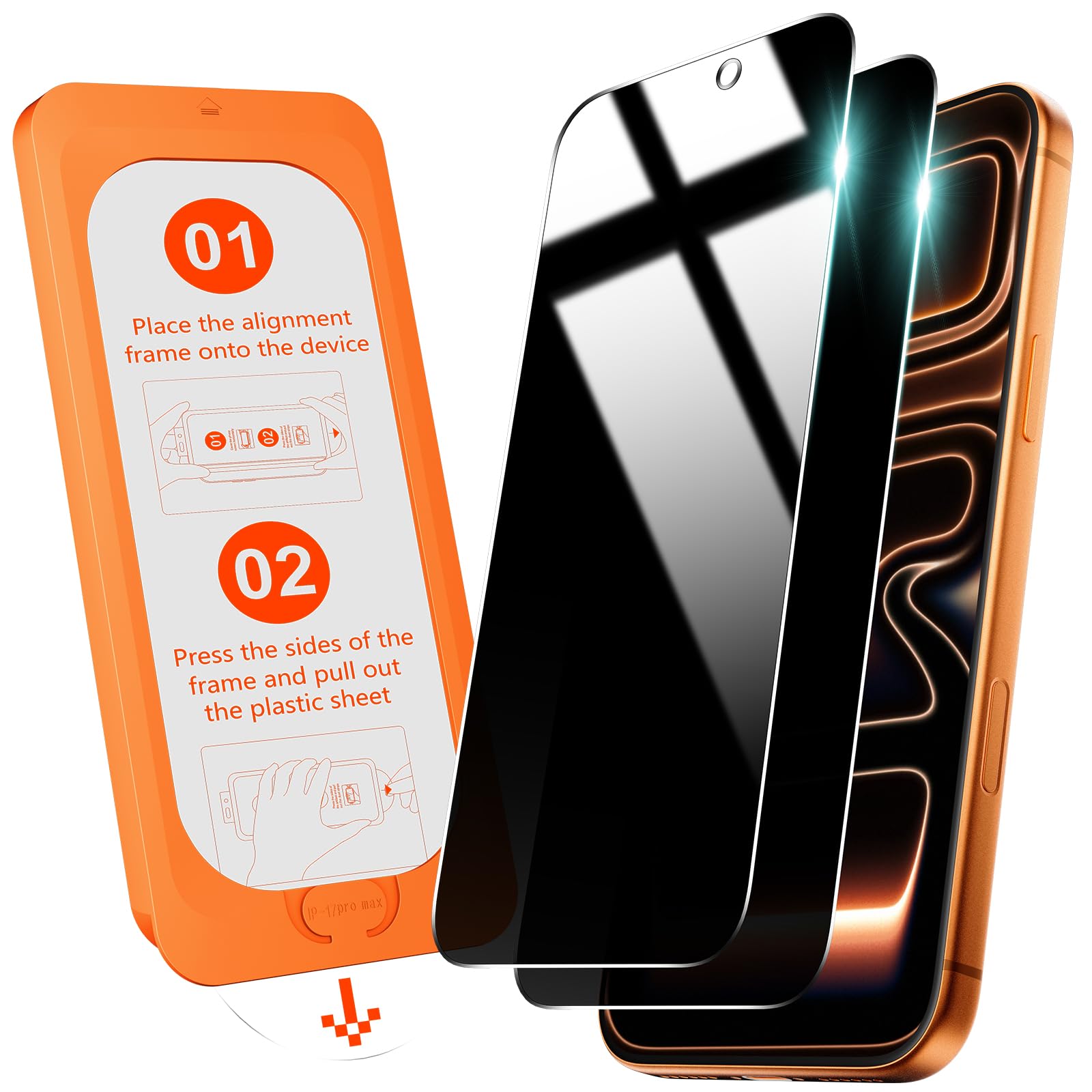 Photo 1 of OMOTON Privacy Screen Protector for iPhone 17 Pro Max [Auto-Dust Removal], Tempered Glass with 9H+ Hardness & 12FT Military Grade Shatterproof, 100% Anti-Spy, Full Coverage Protection, 2 Pack