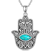 BETHZA Turquoise Hamsa Necklace 925 Sterling Silver Hand of Fatima Evil Eye Pendant Vintage Turquoise Jewelry Gift for Women