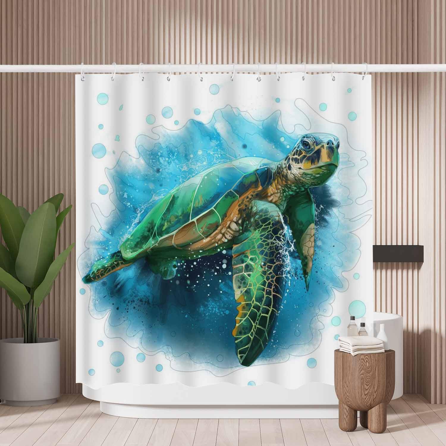 Woutay Shower Curtain Water Repellant Fabric Watercolor Sea Turtle,Mould Proof Resistant,Polyester,with 12 Plastic Hooks