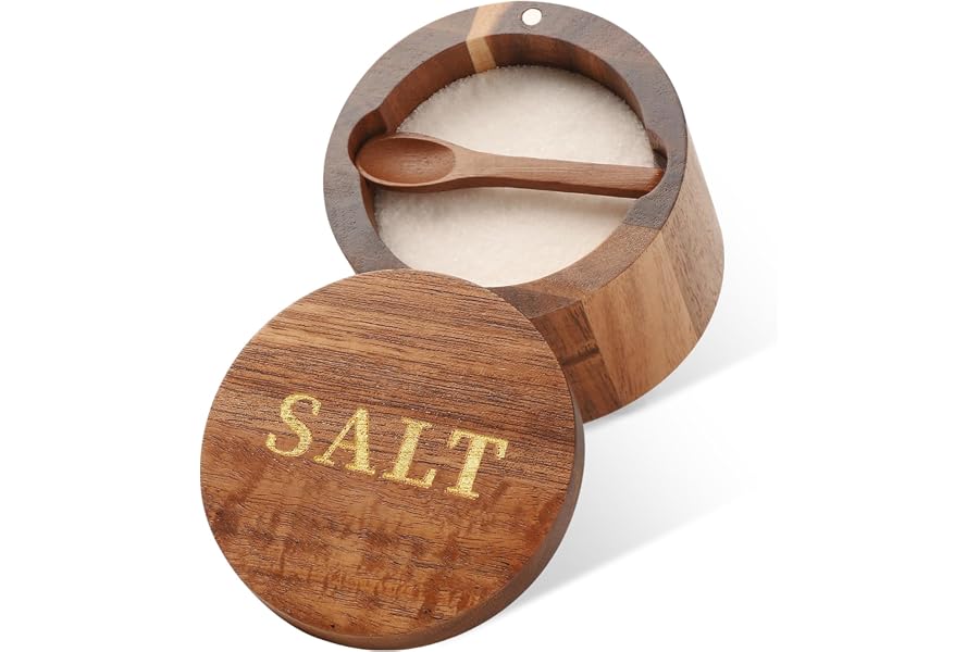 Timtopno Salt Cellar, Acacia Wood Salt Container with Built-in Spoon & Swivel Lid, Engraved SALT Box, Salt Holder Bowl for Countertop Seasoning Storage