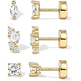 YADOCA Sterling Silver Flat Back Earrings for Women Hypoallergenic 14K Gold Plated Flatback Stud Earrings Trendy Cartilage Helix Conch Tragus Piercing Jewelry 3 Pairs Dainty CZ Opal Earring Set
