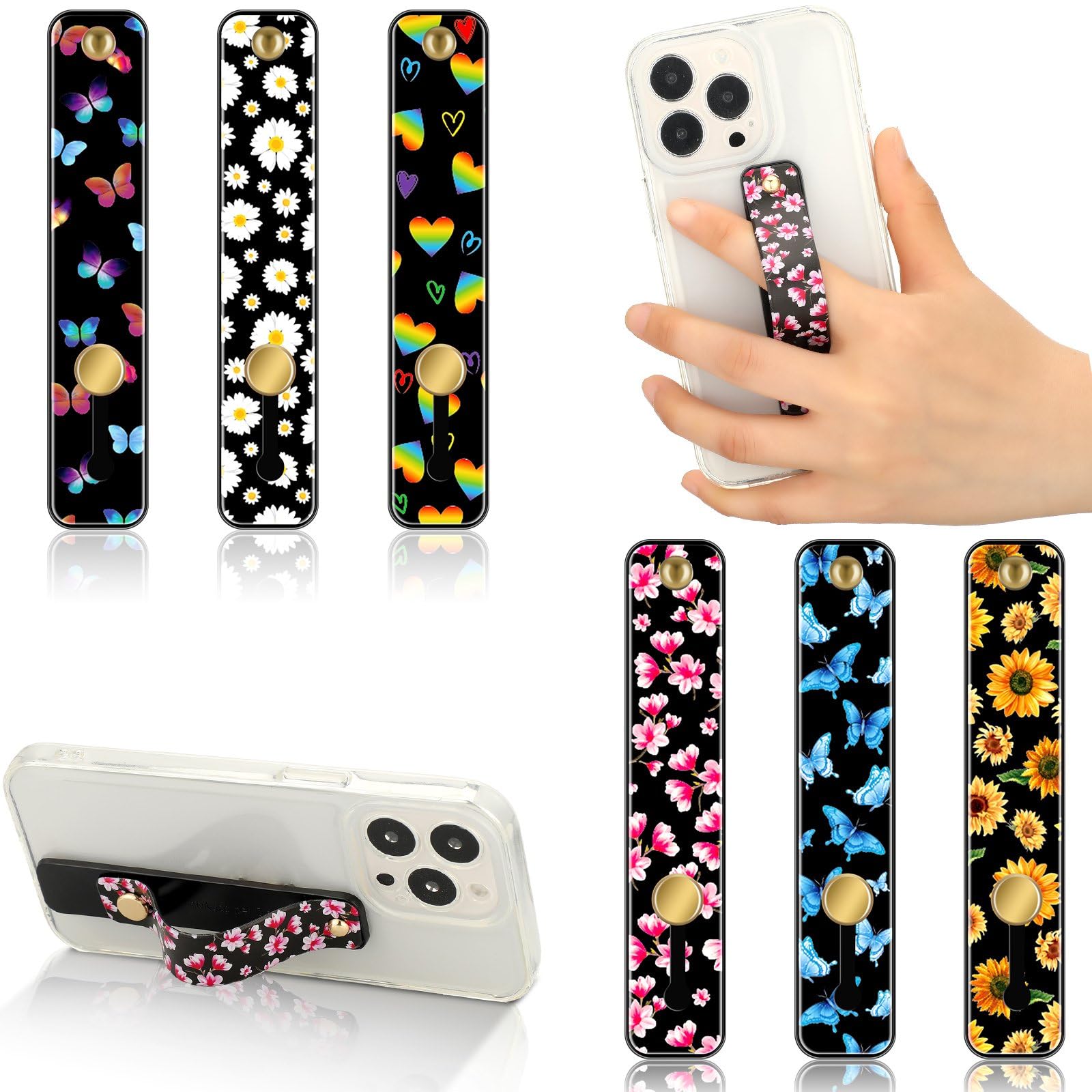 Weewooday 6 Pieces Phone Grip Holder Cell Phone Grip Strap Telescopic Finger Strap Stand Universal Finger Kickstand for Most Smartphones(Flowers)