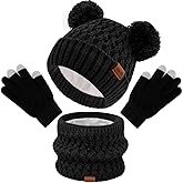 Wandx Kids Winter Hat Gloves Scarf Set Fleece Lined Beanie with Pom knitted Neck Warmer for Boys Girls Aged 2-15 Cold Weather