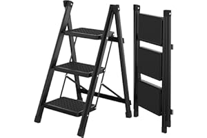 STAFOPO 3 Step Folding Ladder, Heavy Duty 3 Step Foldable Ladder Step Stool for Adults with Wide Anti-Slip Pedal, 350LBS Sturdy Steel Ladder Kitchen Ladder Closet Step Stool Ladder Library Ladder, Black