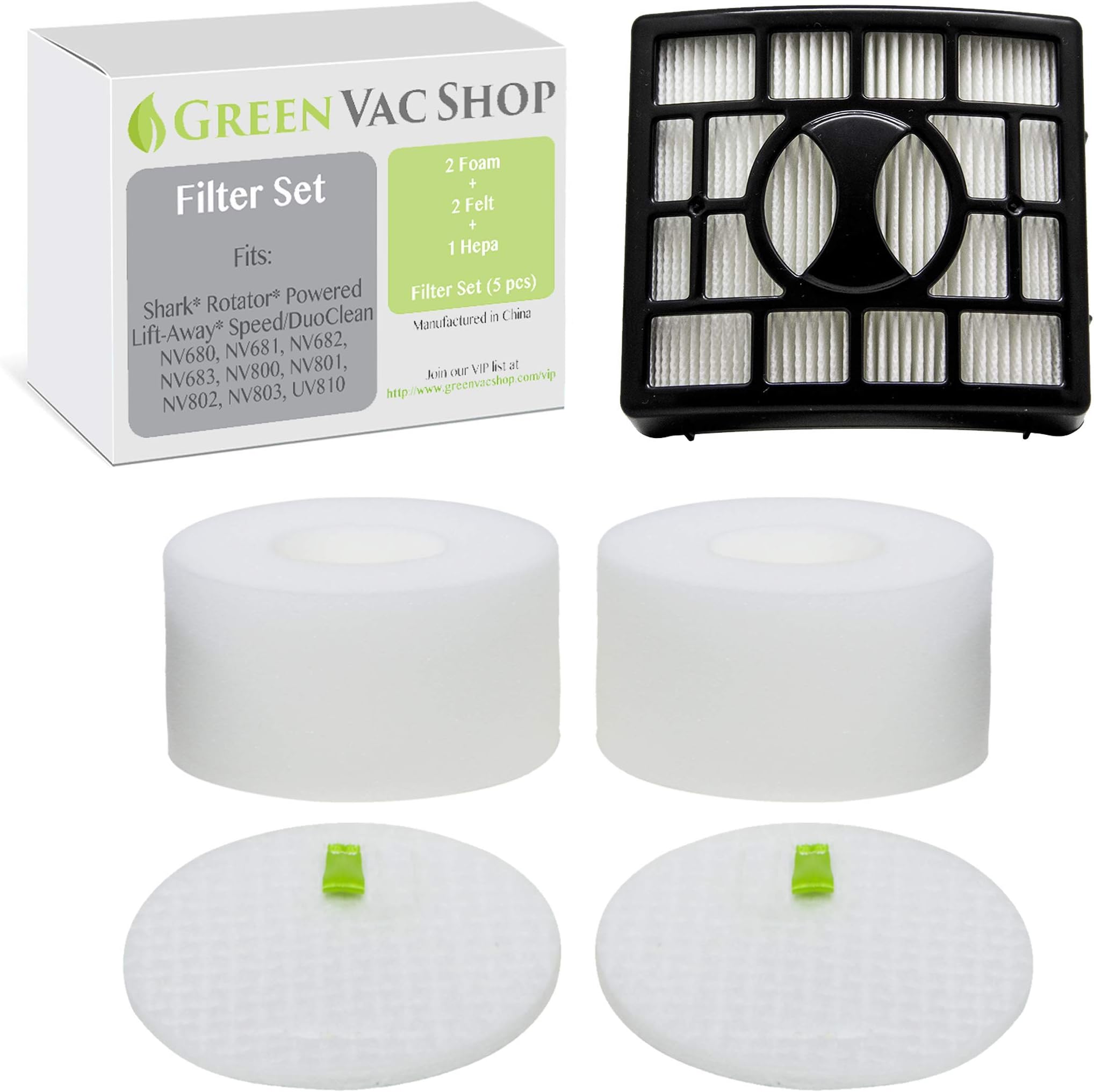 GreenVacShop 2+1 Pack Shark Rotator Powered Lift-Away Speed DuoClean NV680, NV681, NV682, NV683, NV800, NV800W, NV801, NV803, UV810 Replacement Filter Set, 2 Foam+2 Felt+1 HEPA Filters, XFF680 XHF680