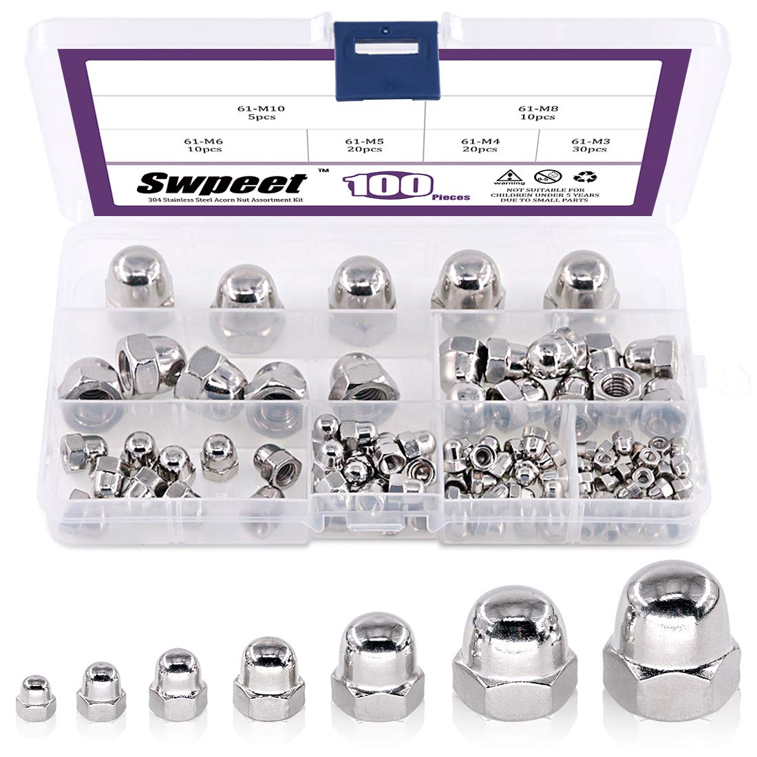 Photo 1 of 100Pcs 304 Stainless Steel Serrated Metric Acorn Cap Nuts Hex Dome Cap Assortment Kit, 7 Sizes - M3 M4 M5 M6 M8 M10 M12