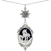 Yspace Lotus Charm Necklace Antique Decor Cameo Pendant 2 Chains Velvet Pouch for Gift