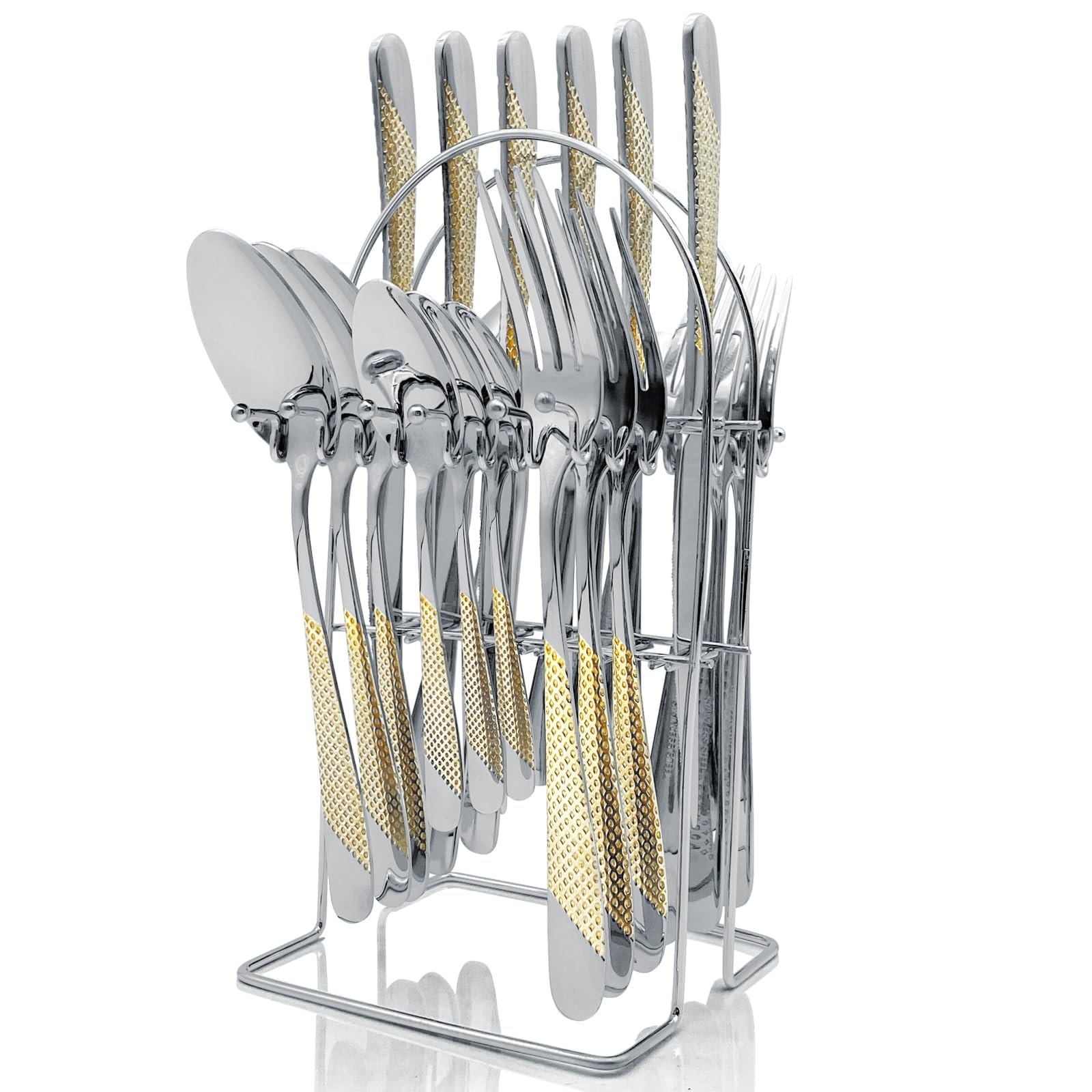 Gilded Silverware Set, 24 Piece Cutlery Set with Holder Service for 6 Mirror Polished Tableware Set for Home Kitchen, Dishwasher Safe (Gold Silvery)