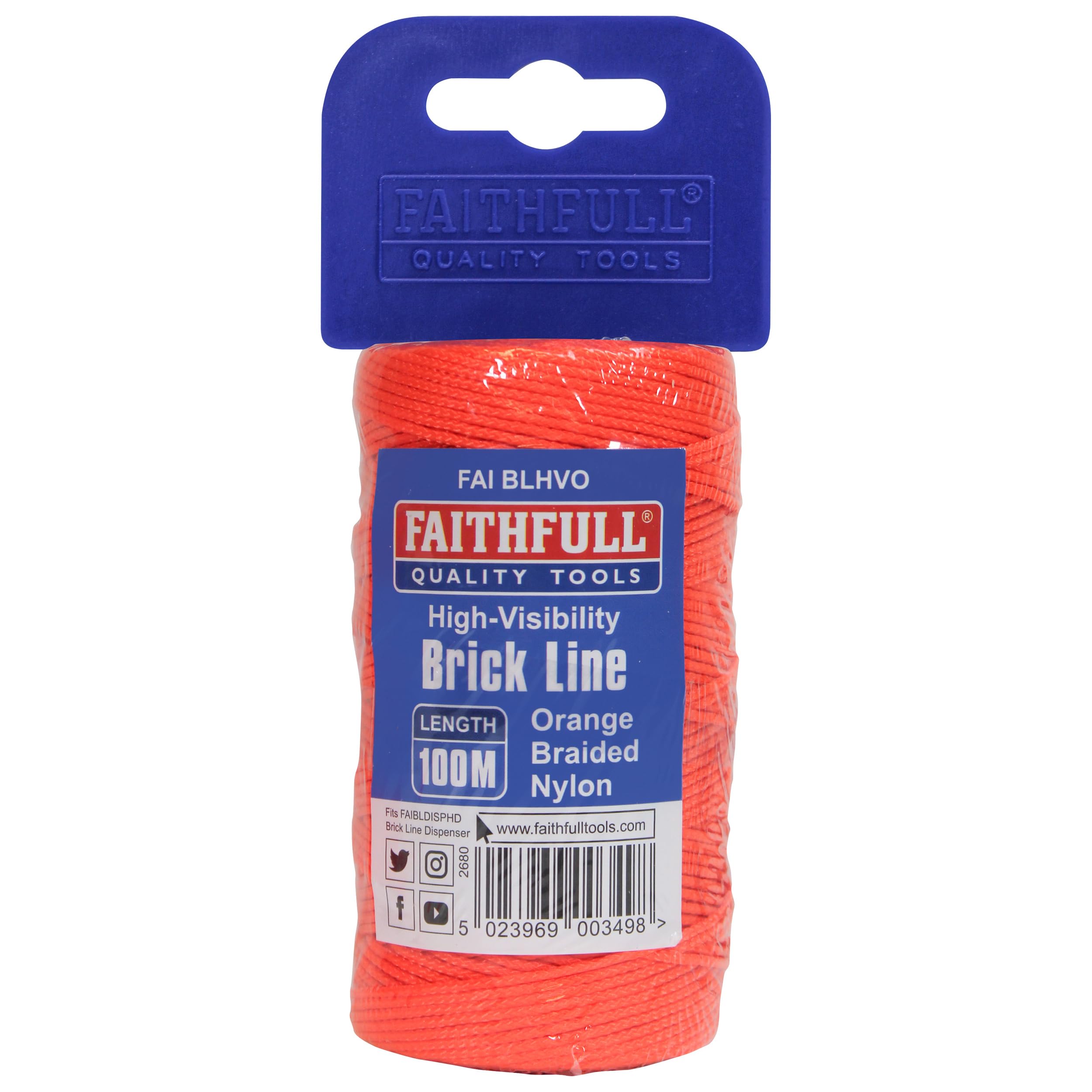 Faithfull FAIBLHVO Hi-Vis Orange Braided Nylon Brick Line String 100M (330ft) Breaking Strength 26.4kg