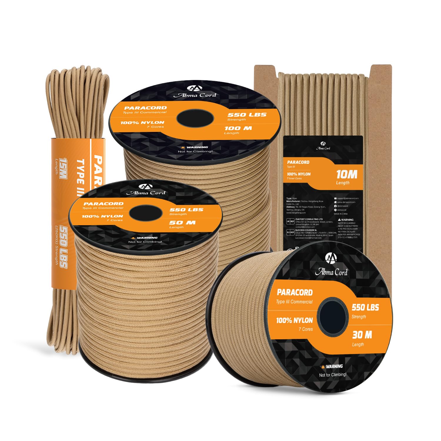 Abma Cord Paracord 550 4mm 15m 100% Nylon Rope Type III 7 Strands Parachute Cord for DIY, Camping, Survival, Outdoor - Max. 250kg - Tan