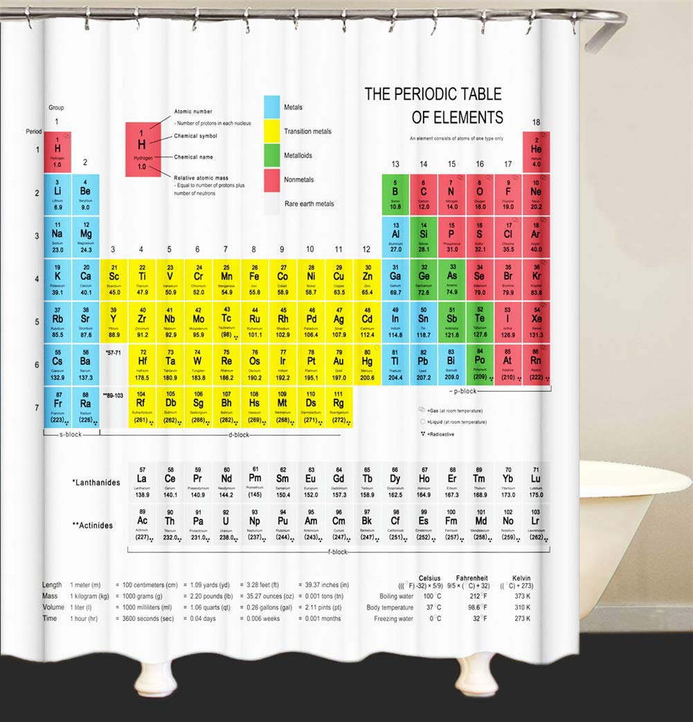 Linian Periodic Table of Elements Shower Curtain with 12 Hooks for Bathroom