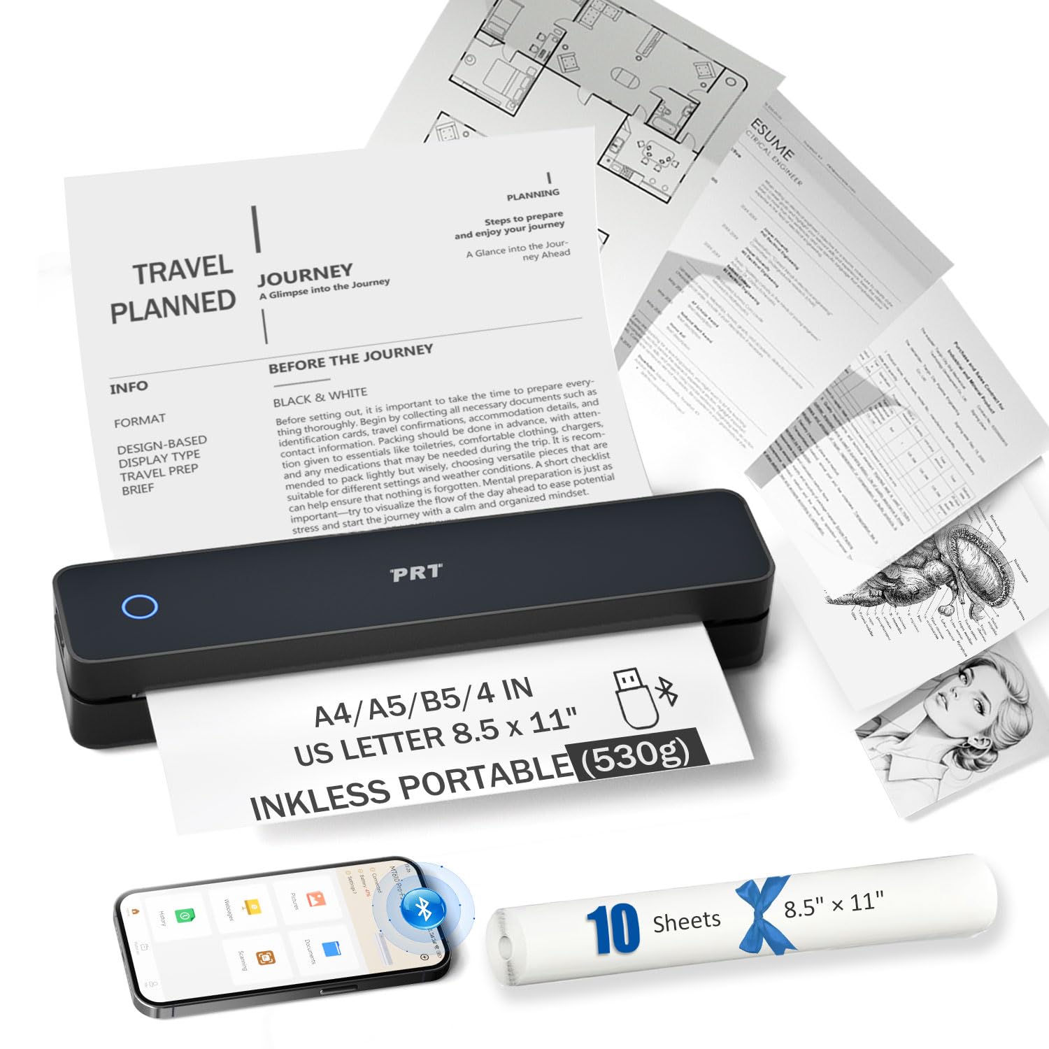 Photo 1 of **MISSING CABLE**
 Inkless Portable Printer, Wireless Thermal Printer for Travel Support 8.5"x11" US Letter & A4 B5, MT610 Small Bluetooth Mobile Printers with iOS Android Laptop for Home Car Office School, Black