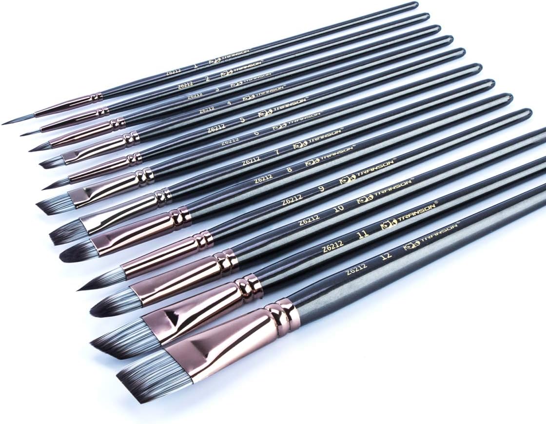Transon Artist Paint Brush Set of 12 for Watercolor Acrylic Gouache Oil and Tempera Painting