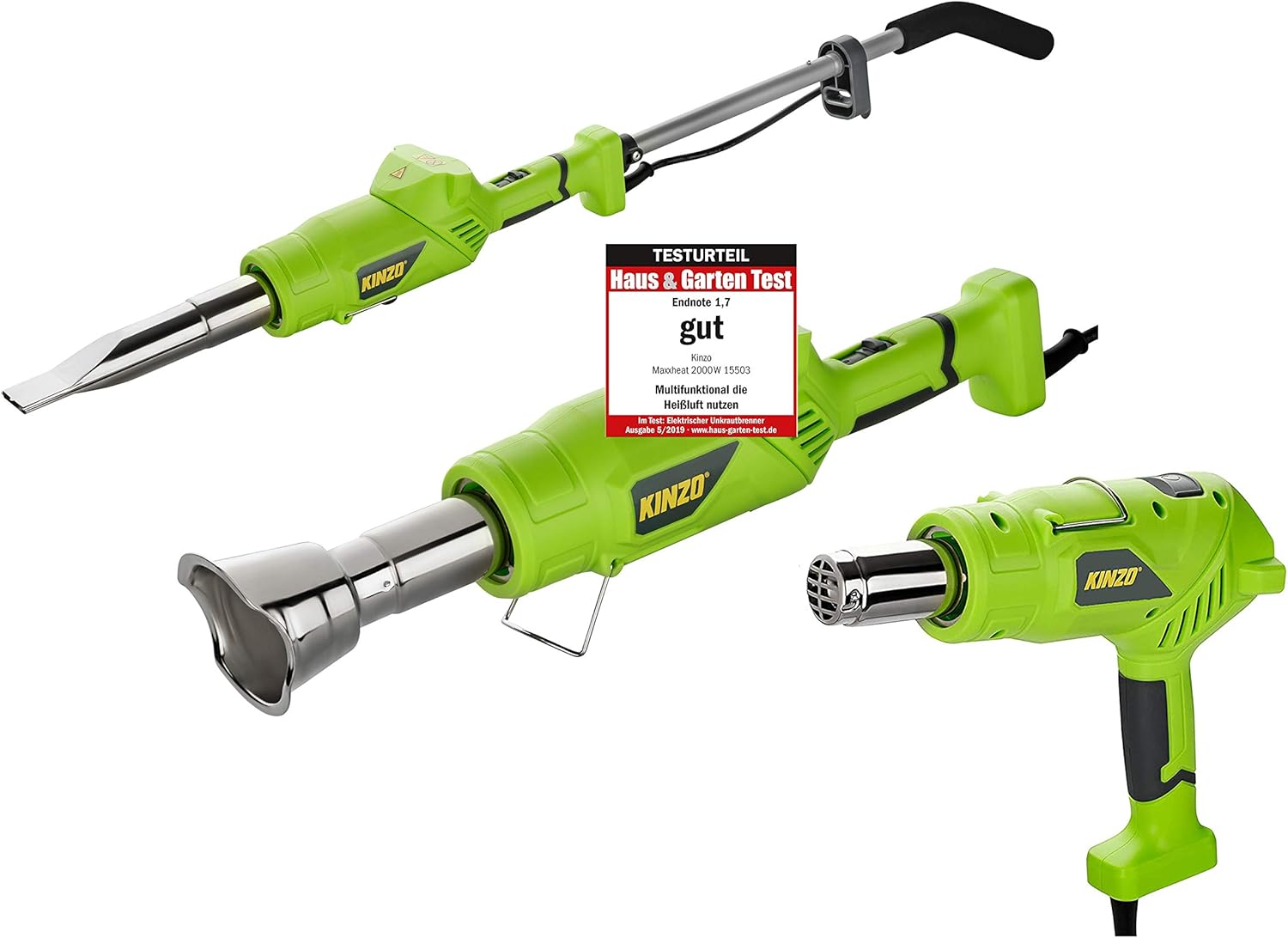 KINZO Premium 3in1 Unkrautbrenner | Abflammgerät | Grillzünder | Umweltfreundlich OHNE Gas | elektrisch betrieben | 2000W | Temperatur wahlweise 50°C oder 600°C