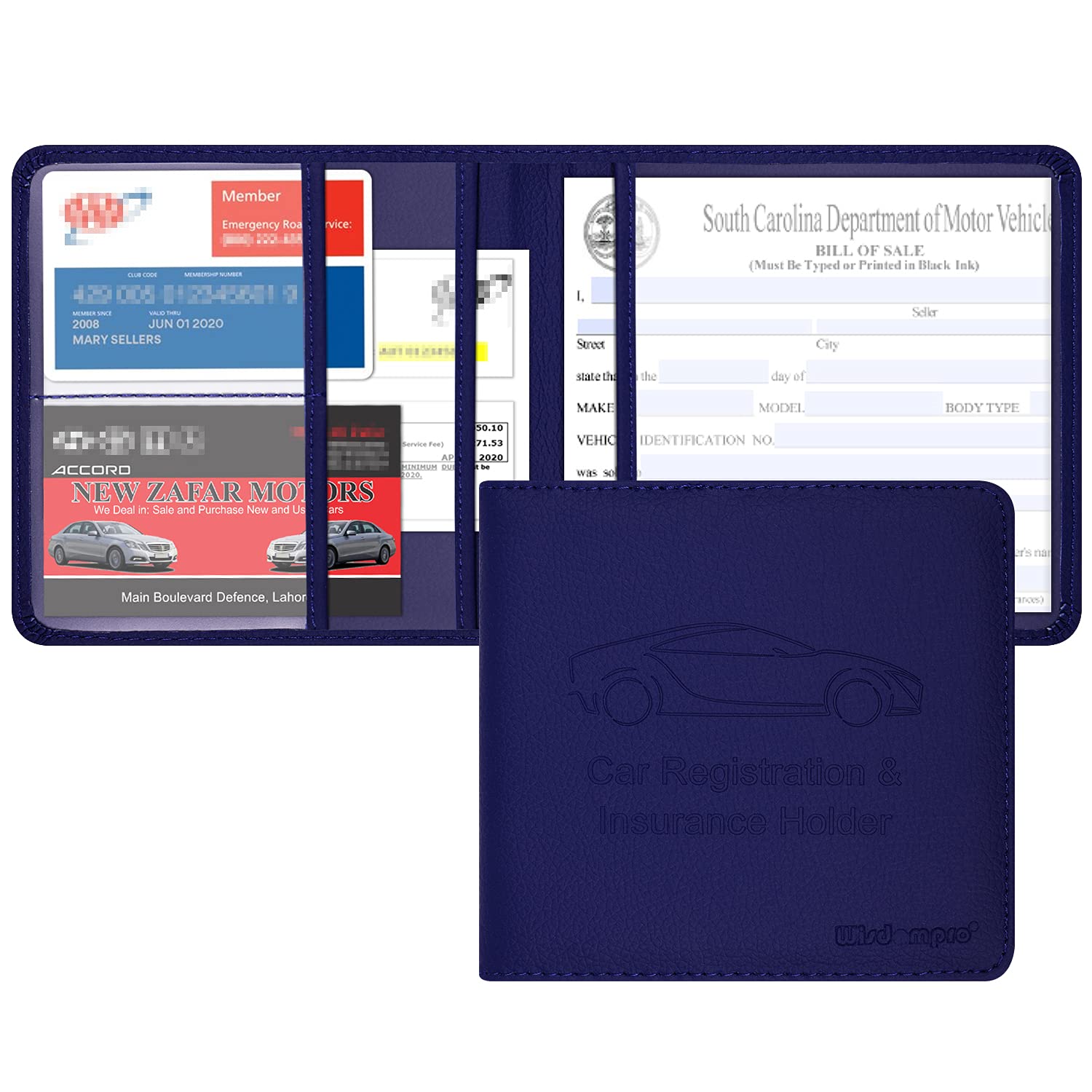 wisdompro Car Registration and Insurance Documents Holder - Premium PU Leather Driving Licence Holder Paperwork Wallet Case Organizer for Vehicle Documents and Cards - Blue