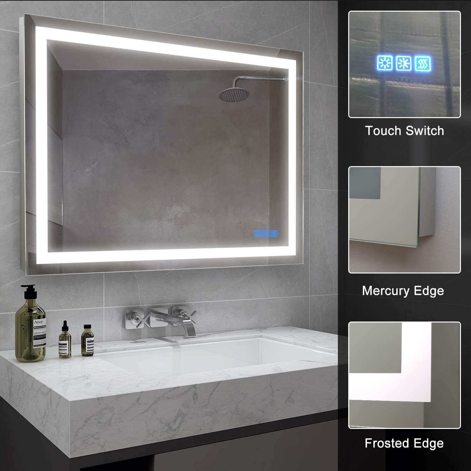 YRSHA 48×36 Inch LED Bathroom Vanity Mirror, Wall Mounted Backlit Mirror with Lights, Anti-Fog Separately Control,Dimmer Function, Three Color Lights,IP44 Waterproof, CRI>92(Vertical & Horizontal)…: Kitchen & Dining