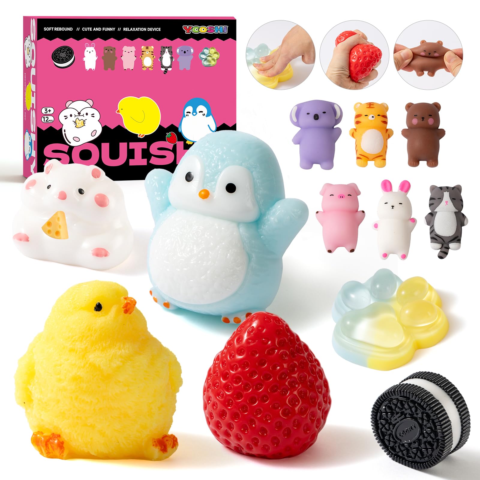 Photo 1 of 12 Pcs Taba Squishy Toys Pack Include (1 Strawberry,1 Cat Paw,1 Cookie,1 Hamster,1 Chick,1 Penguin,6 Mochi) Cute Taba Sensory Stress Relief Toys,Squishy Fidget Toys Adults,Party Favors Gifts for Kids