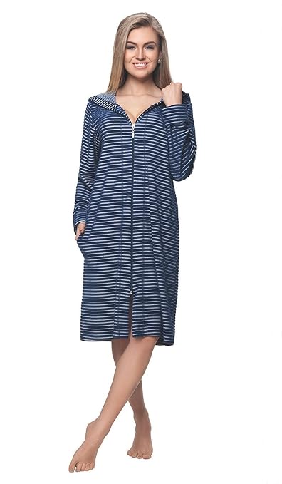 DOROTA kuscheliger und moderner Baumwoll-Bademantel mit Taschen, Reißverschluss & Kapuze