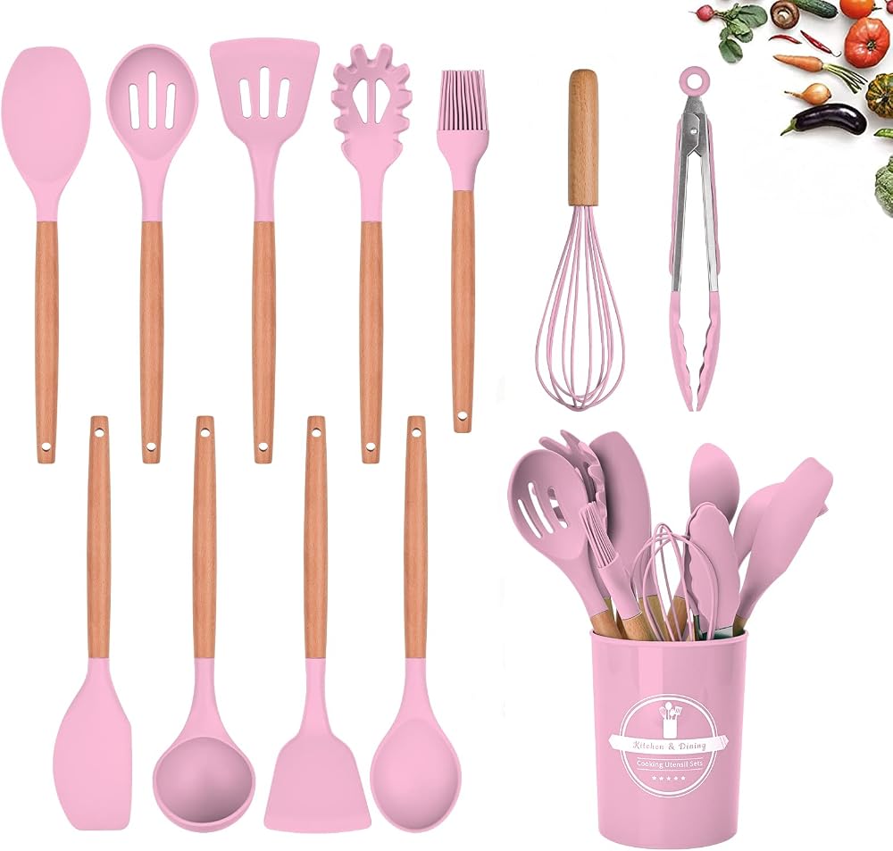 FIOUSY 12 PCS Silicone Kitchen Utensil Set with Wooden Handles - Pink
