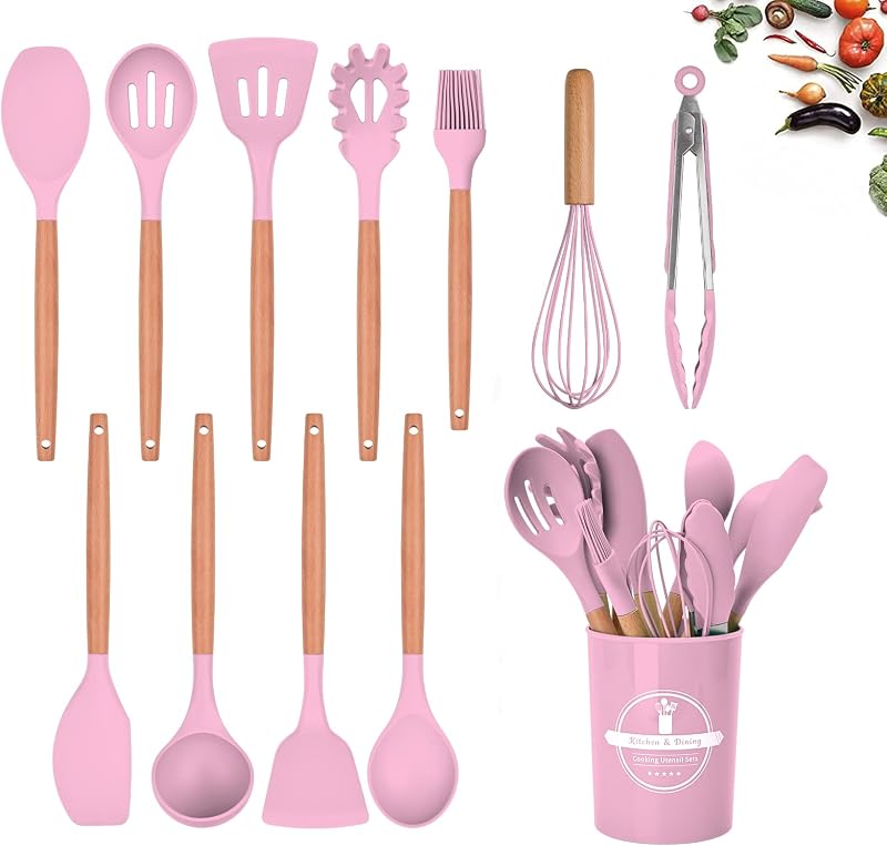 FIOUSY 12 PCS Silicone Kitchen Utensil Set with Wooden Handles - Pink