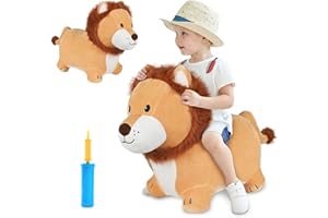 iPlay, iLearn Bouncy Pals Lion Hopper Toy, Toddler Plush Bouncing Animal, Inflatable Ride on Bouncer W/Pump, Indoor Outdoor Hopping Horse, Kid Jumping Toy, Birthday Gift for 2 3 4 5 Year Old Boy Girl