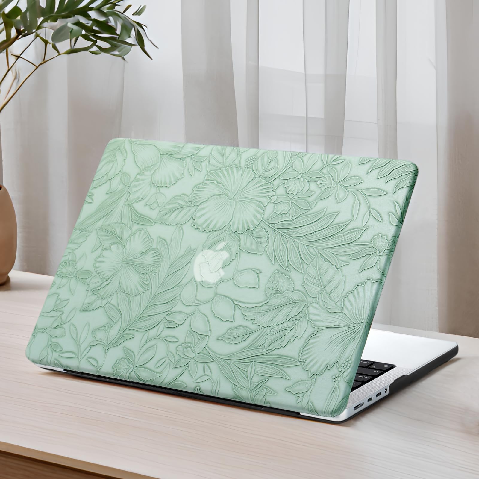 Photo 1 of DTangLsm for MacBook Pro 16 inch Case 2025 2024-2021 M4 M3 M2 M1 A3403 A3186 A2991 A2780 A2485 Pro/Max, Elegant Texture Retro Leather Hard Shell Case+Keyboard Skin for Mac Pro 16,Embossed Floral Green