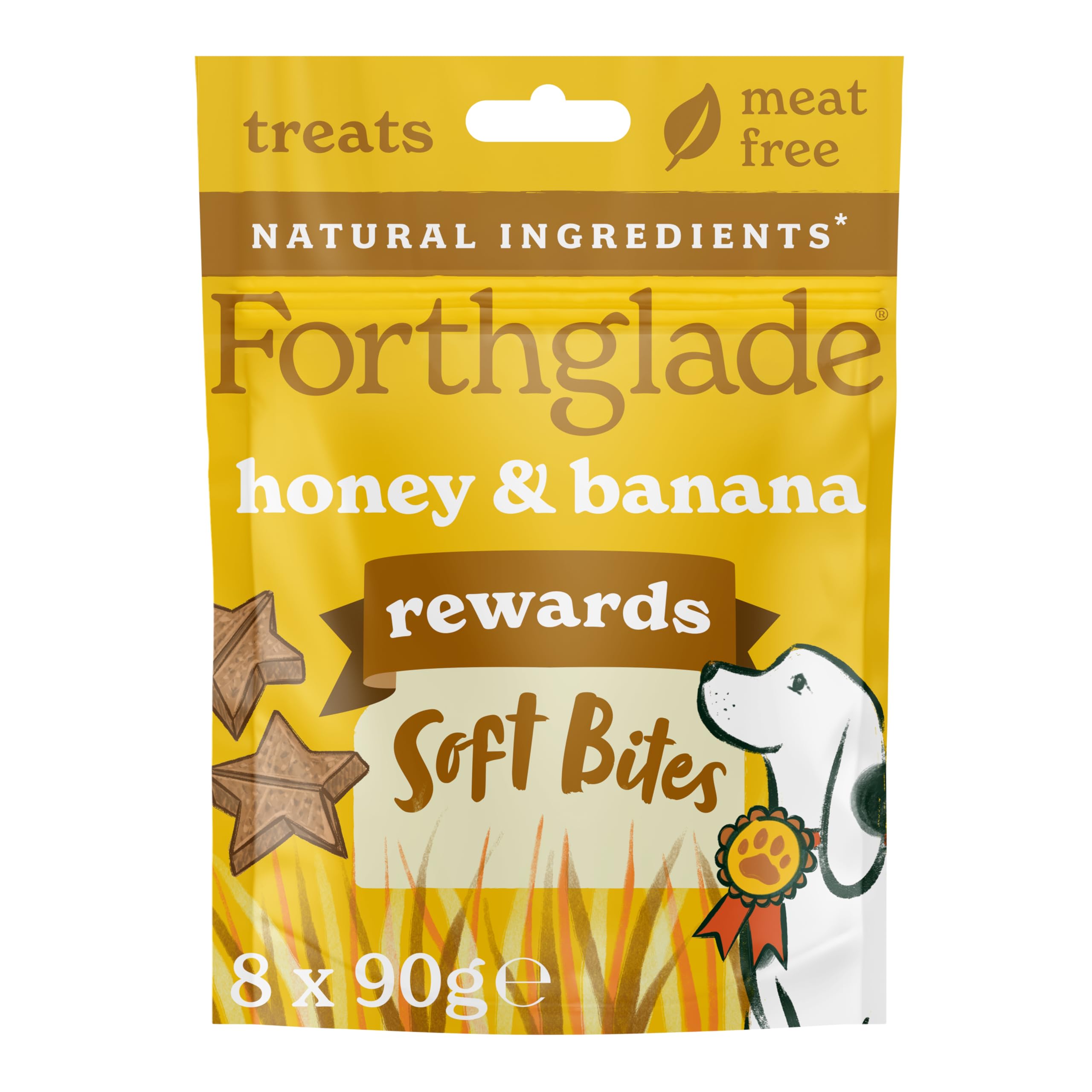 Forthglade Natural Dog Treats (8 x 90g Bags) - Hypoallergenic & Grain Free Dog Training Treats with Honey & Banana, Plant-Based Soft Bite Rewards, Resealable Bags