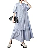 ellazhu Women's Dress Lapel Short Sleeve Solid Button Down Plus Size Maxi Flowy Hem Casual Fashion Summer GZ541