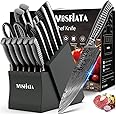 MOSFiATA Kitchen Knife Set, 17 Pcs Japanese Stainless Steel Knife Sets for Kitchen with Block with Knife Sharpening Rod, Dishwasher Safe, Titanium Plated Knife Block Set (Gray)