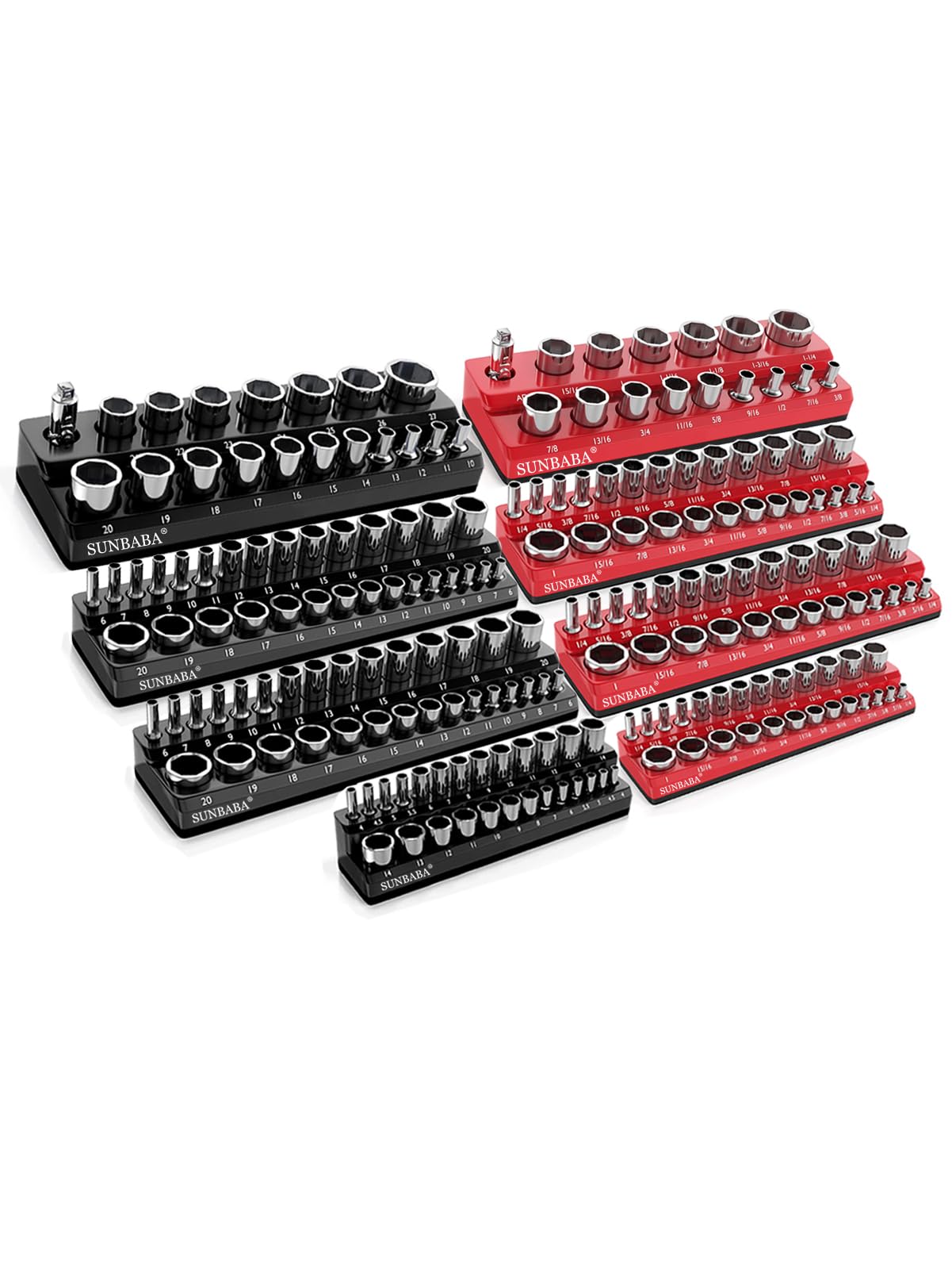 Photo 1 of SUNBABA 8-Piece Magnetic Socket Organizer Set,1/2", 1/4" and 3/8" SAE & Metric Deep & Shallow Socket Holder Kit, Socket Trays, holds 197Pcs Sockets (sockets not included)