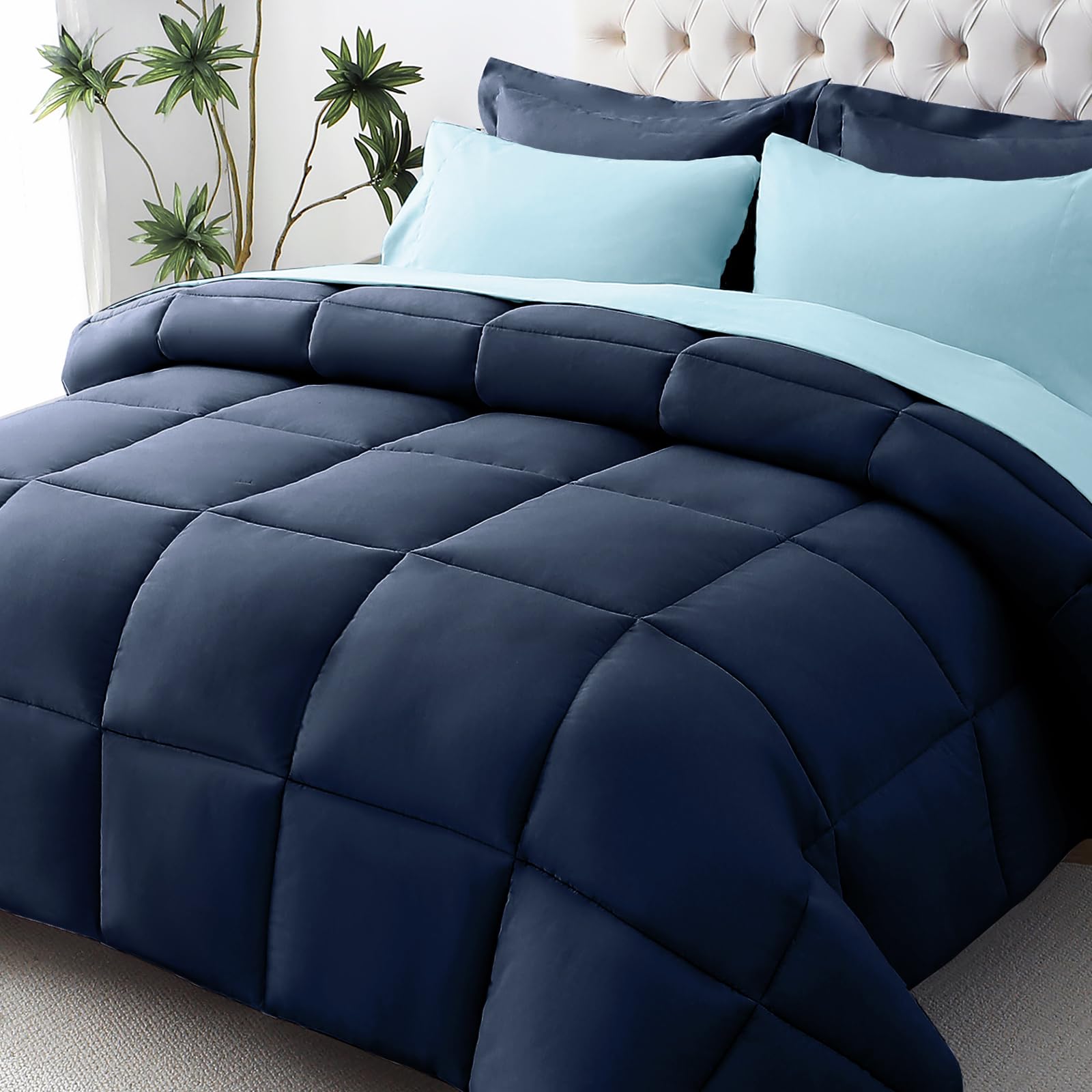 JOLLYVOGUE King Comforter Set, Ultra-Soft Bed in a Bag King Size 7 Pieces, Oeko-TEX Certified Bedding Set with Down Alternative Comforter, Sheets, Pillowcases & Shams, Navy & Light Blue Image