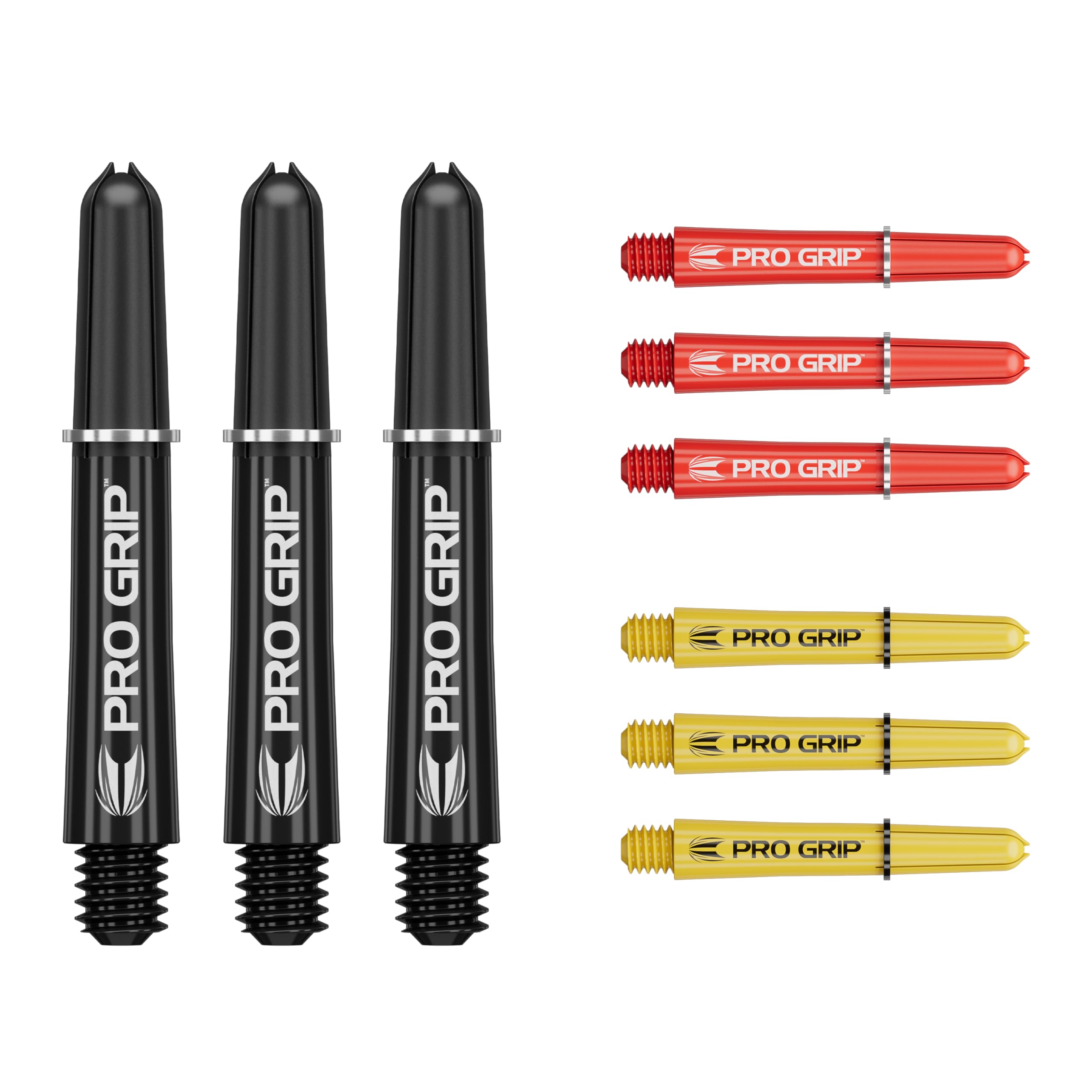 Target Darts Pro Grip Shafts – Set of 9 | 3 Colours, Black/Yellow/Red | Short, 34mm | Dart Stems, Professional Darts Accessories, 2BA Shaft Multipack with Rings