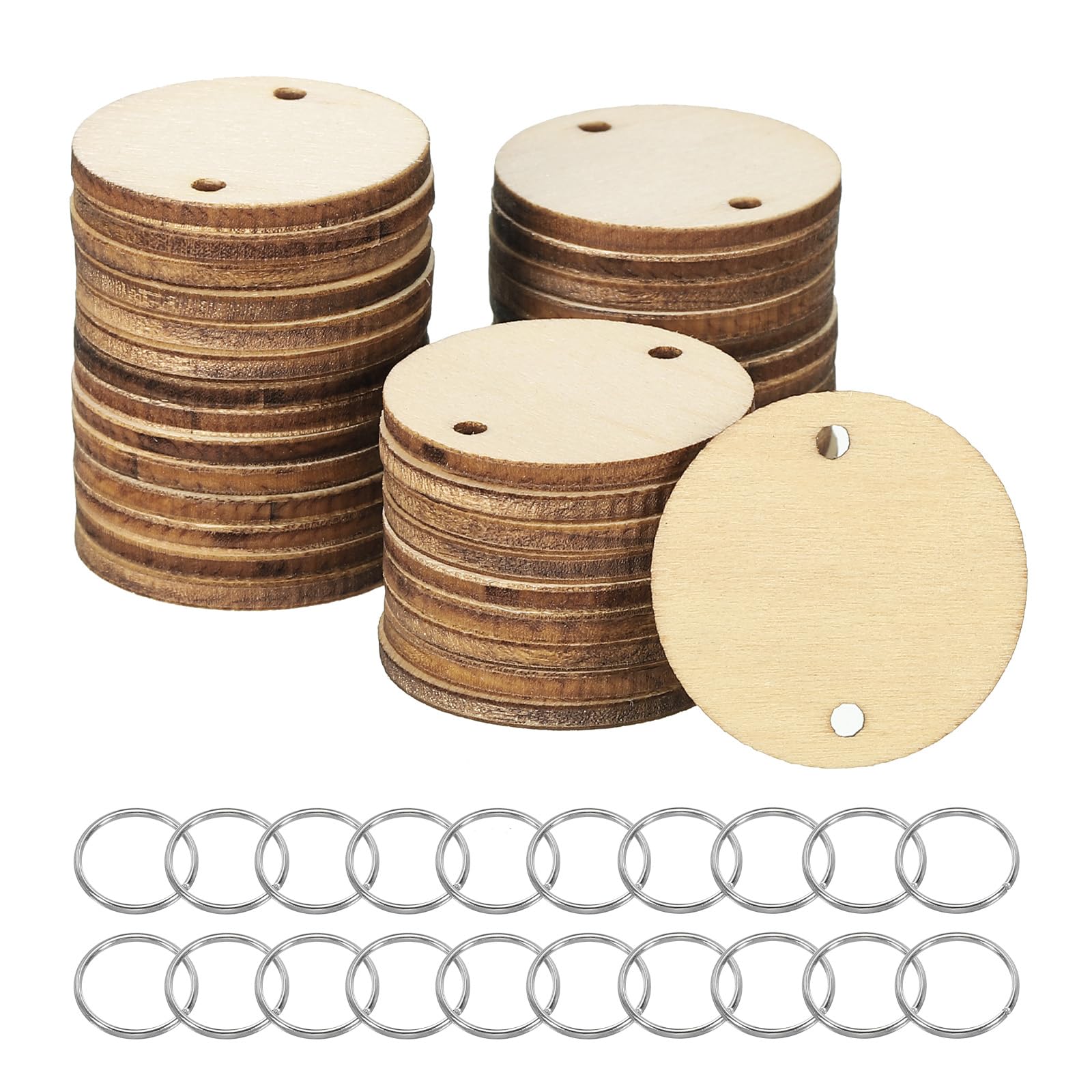 PATIKIL Wood Circles, 100 Pack Round Wooden Discs with Holes and Rings Unfinished Wooden Circles Blank Wood Rounds for Crafts Board Tags