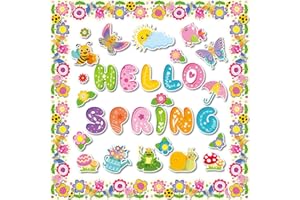 DHQH 70 Pcs Hello Spring Bulletin Board Decorations Spring Flowers Butterflies Cutouts Classroom Decor School Holiday Game Party Supplies for Kids Bedroom Colorful Fun Craft.