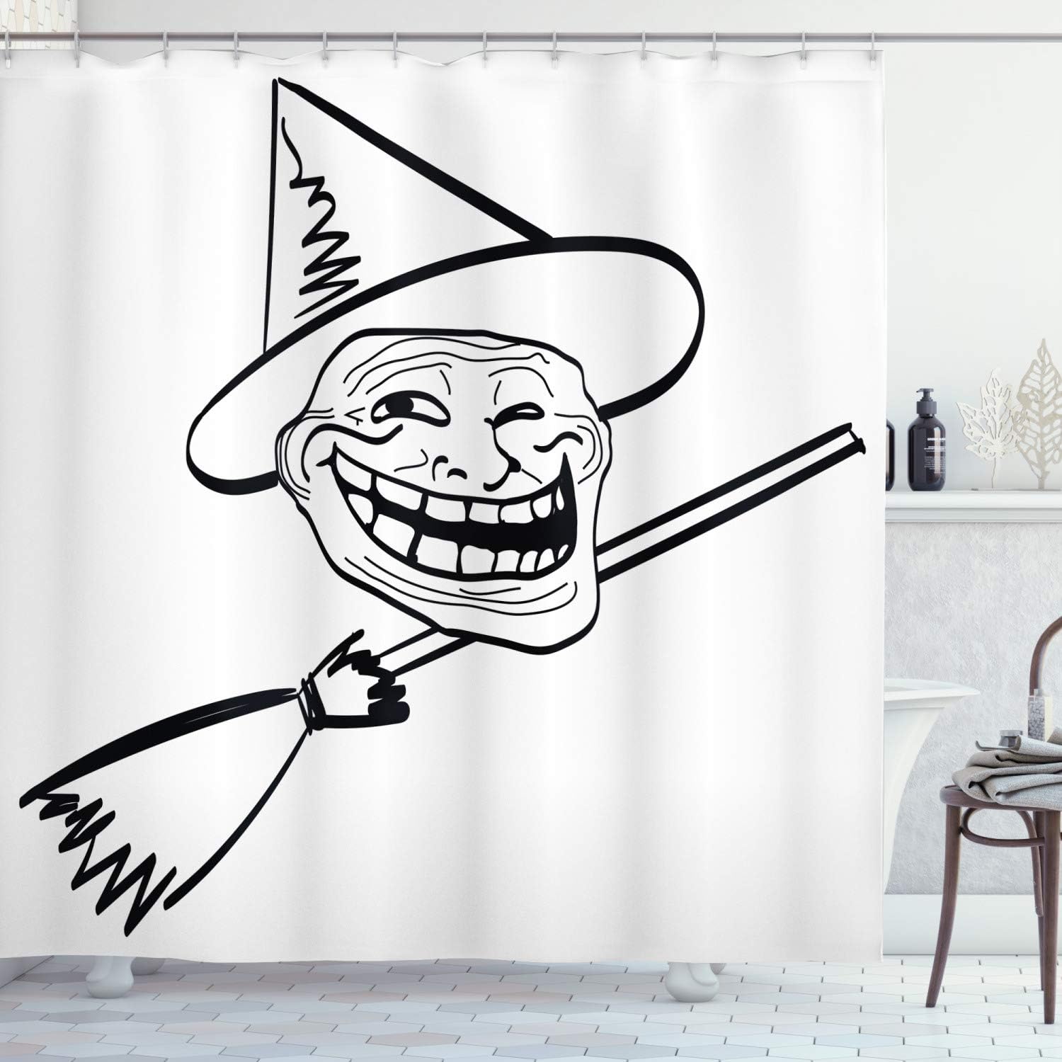 Amazon Com Ambesonne Humor Decor Shower Curtain Halloween Spirit Themed Witch Guy Meme Lol Joy Spooky Avatar Artful Image Fabric Bathroom Decor Set With Hooks 75 Inches Long Black White Home Kitchen