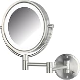 JERDON Hardwired Wall-Mount Makeup Mirror - 8X/1X - Nickel - HL88NLD | 8.5" Round Frame, 13.5" Wall Arm, LED Lighting, Direct Wire Installation
