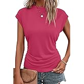 Bliwov Womens Summer Tops Cap Sleeve Crew Neck T Shirts Spring Trendy Fashion Outfits Business Beach Vacation Blouses Clothes Hot Pink