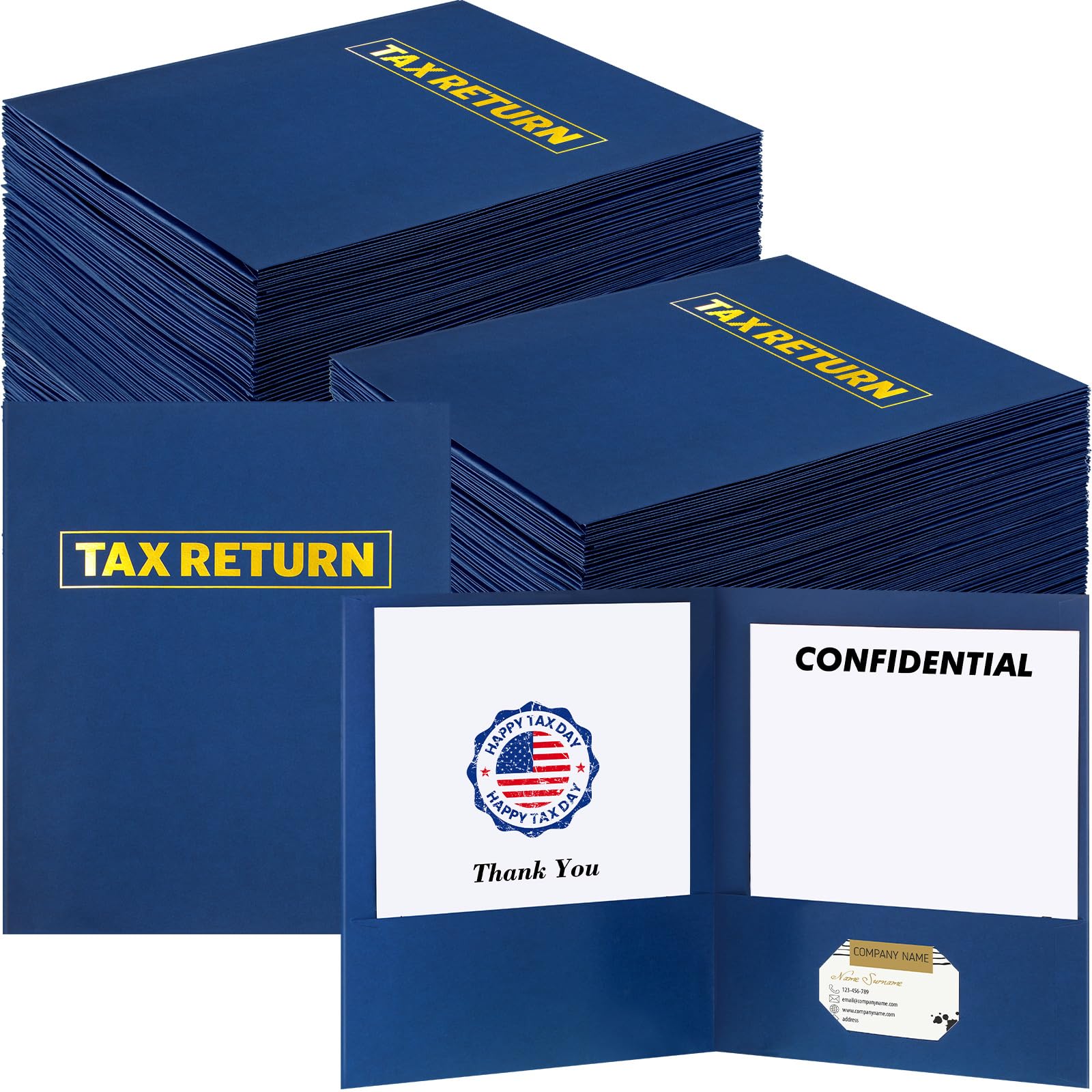 Photo 1 of Chivertion 50 Pcs Tax Return Folders Bulk - 2 Pocket with Gold Printed Label Folders for Professionals & Personal Customer Tax Returns(Dark Blue)