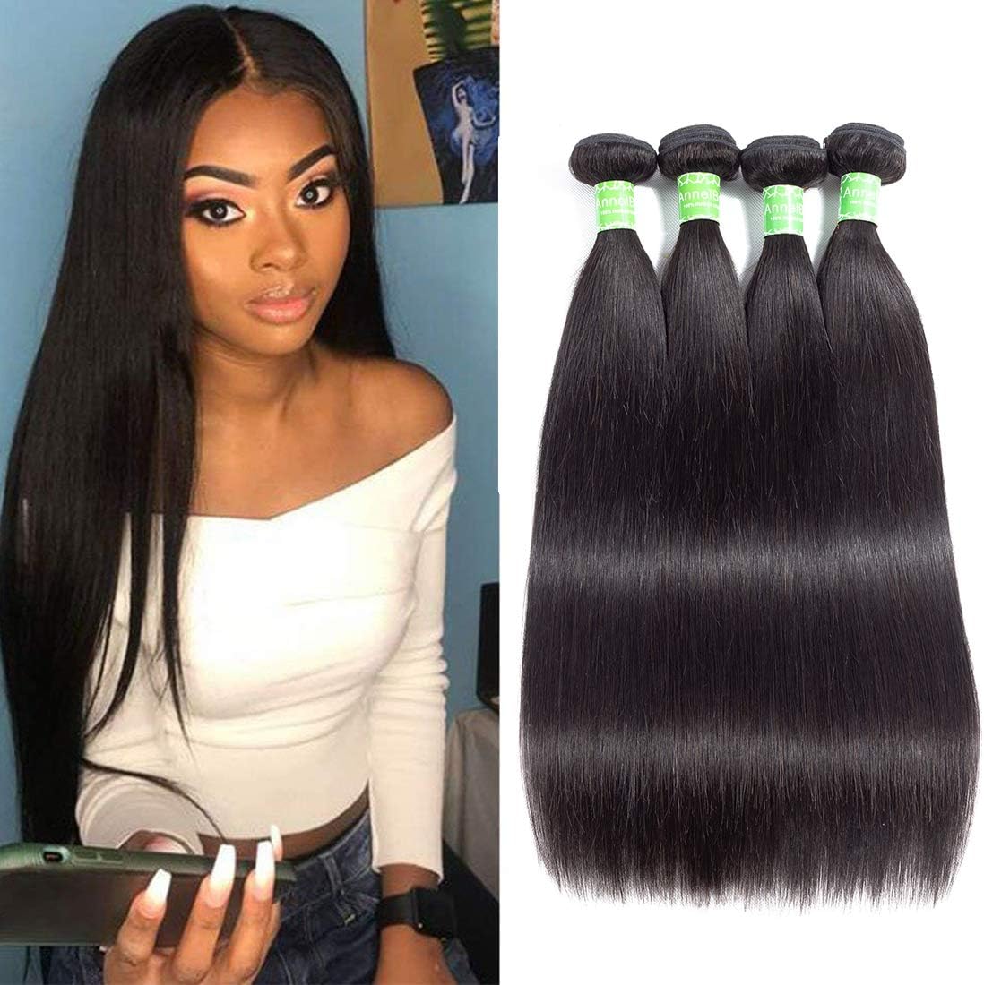ANNELBEL Peruvian Virgin Hair Straight 4 Bundles 22 22 22 22 100% Silky Straight Human Hair Bundles Raw Unprocessed Virgin Human Hair Extensions Natural Black